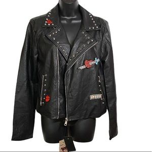 Ci Sono Vegan Leather Studded Jacket with Lips and Heart Patches Size Medium